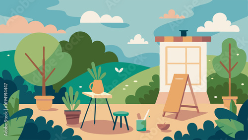 An outdoor space attached to the studio with an easel set up for plein air painting and a peaceful garden for inspiration.