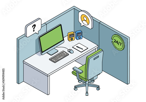 Vector art of an isometric illustration of a modern office cubicle with a computer, keyboard, mouse, and office supplies, suggesting customer service or it support