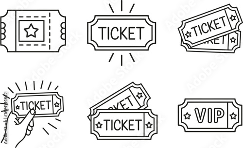 A set of six different ticket icons depicted in a simple black and white line art style, including VIP and star symbols.