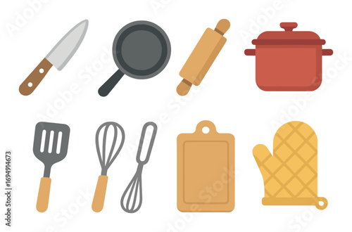 Vector illustration of essential kitchen utensils with glowing highlights