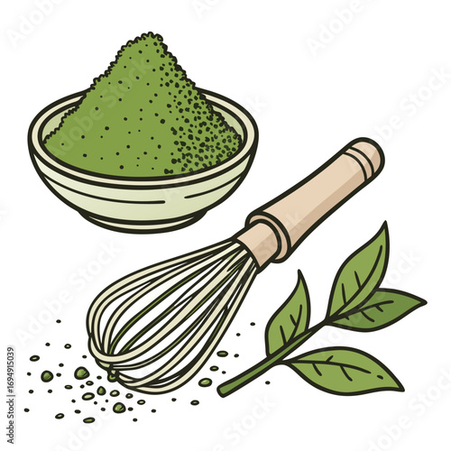 Matcha Powder in Bowl with Whisk and Tea Leaves green tea