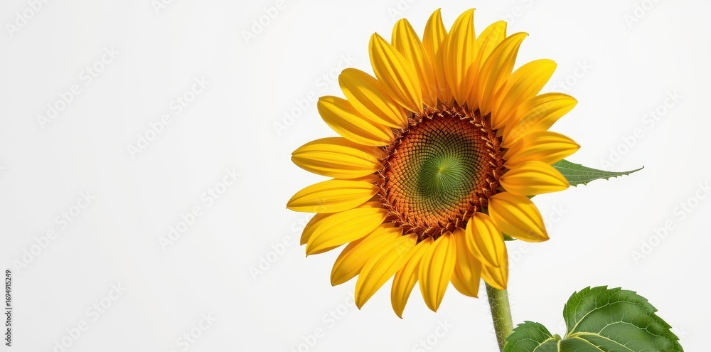Obraz premium Single sunflower on white background, vibrant yellow petals, full bloom, isolated, studio shot, botanical, floral, nature, summer, bright, sunny, cheerful, flora, stem, cheerful flower