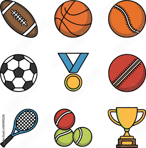 Collection of Sports Equipment and Awards Icons on White Background football american football