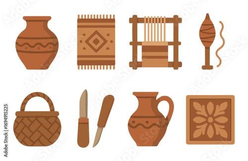 Rustic terracotta icons: pottery, weaving, and basketry artifacts on warm background
