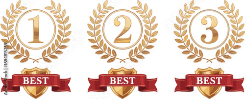 Golden award badge, laurel wreath design, number ranking, best prize emblem, winner medal, first second third place trophy ribbon