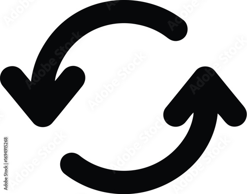 A simple black icon featuring two curved arrows forming a circular loop, symbolizing refresh or repetition.