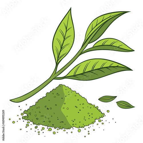 Pile of Matcha Powder with Tea Leaves and Sprigs green tea