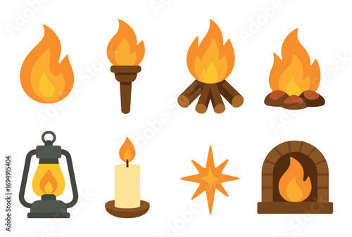 Various fire icons including torch, campfire, lantern, candle, star, fireplace