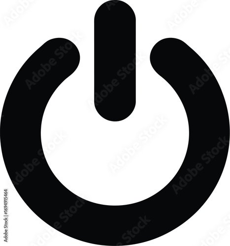 A minimalist black power symbol icon, the universal sign for turning on or off electronic devices, isolated on a white background.