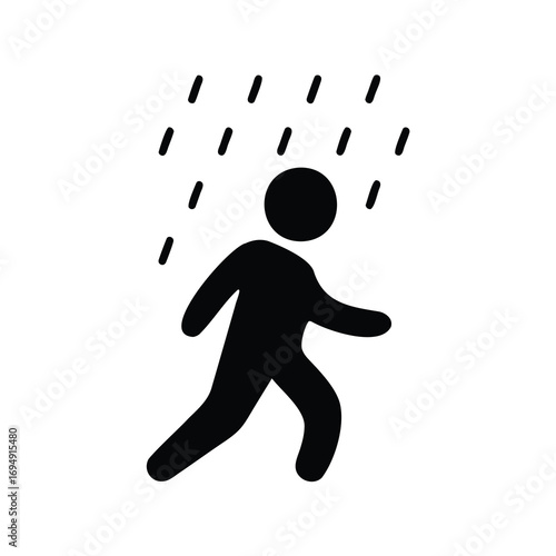 Stick figure running in the rain depicts weather conditions or emergency