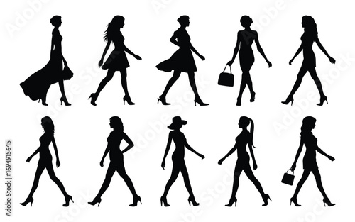 Women Walking Silhouettes | Stylish Female Model Illustration