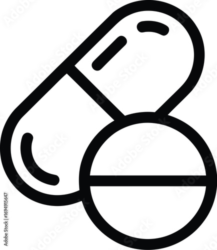 A simple black and white line art icon representing a capsule and a pill.