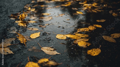 Autumn leaves in a puddle on a dark street
