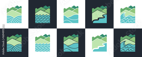 Abstract Nature Landscape of Mountain and Sea Logo Set Vector Design