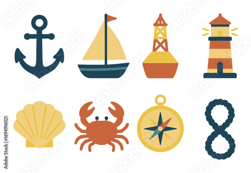 Nautical symbols featuring anchor, sailboat, buoy, lighthouse, shell, crab, compass, knot