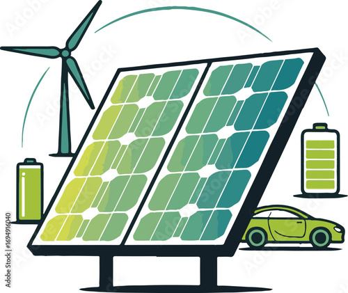 Solar panels wind turbine electric car and batteries illustration renewable energy battery