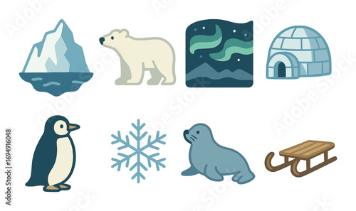Arctic icons: polar bear, aurora, igloo, penguin, snowflake, seal, sled