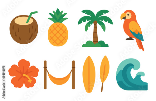 Tropical vibes with coconut, pineapple, palm, parrot, hibiscus, hammock, surfboards, and wave