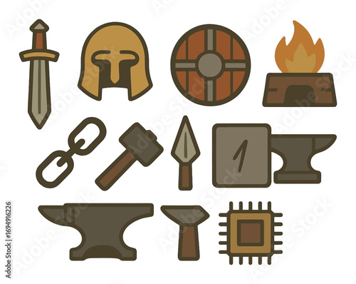 Medieval icons: sword, helmet, shield, anvil, forge, tools