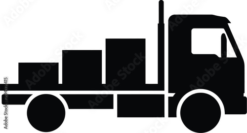 A black silhouette of a flatbed truck carrying stacked boxes of varying heights, symbolizing logistics and delivery.