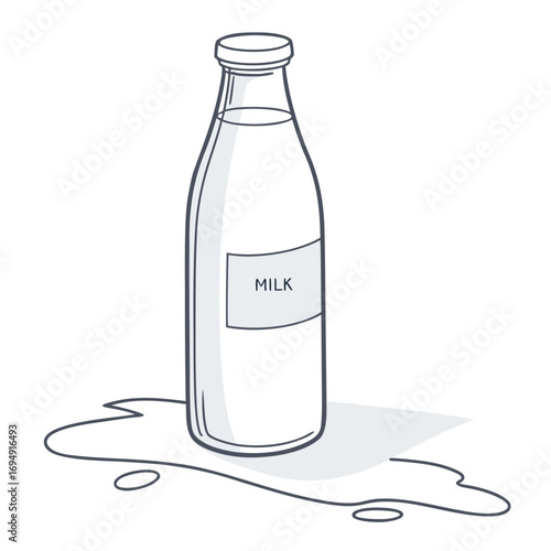 Milk Bottle with Spilled Liquid and Label on White Background splash