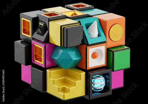 Vector art of abstract 3d rendering of a complex, modular cube puzzle with colorful geometric shapes and interlocking components, representing logic and problemsolving