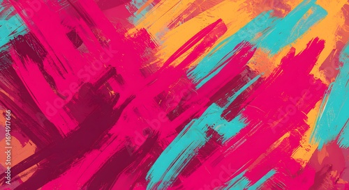 Abstract painting featuring brush strokes in shades of pink blue and yellow on a textured surface