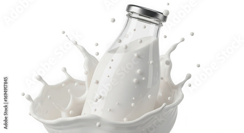 Fresh milk splashing around a glass bottle isolated on transparent background