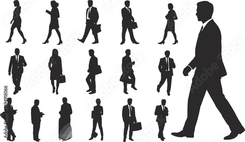 Business people silhouettes walking, professional office workers, corporate men and women, formal attire, business lifestyle, commuting to work