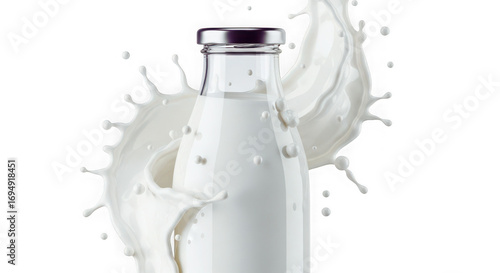 Fresh milk splashing around a glass bottle isolated on transparent background