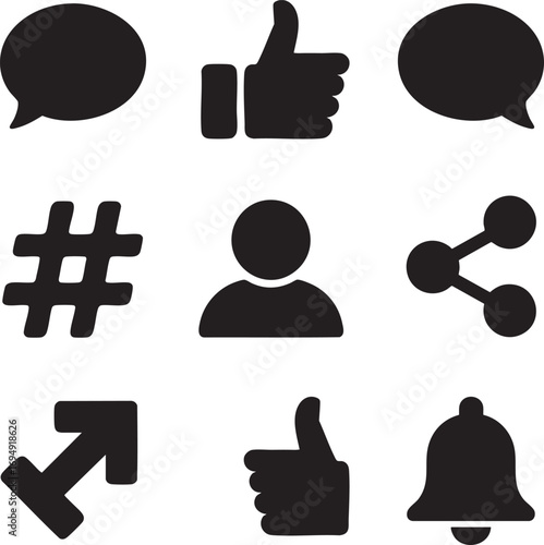 Social Media Icons Set of 9 Black Glyph Symbols for Web Design