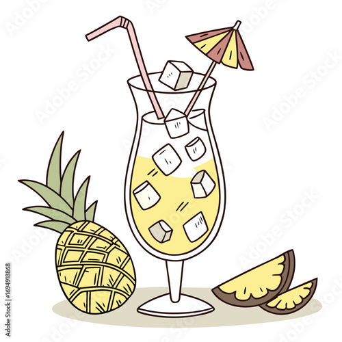 Hand drawn tropical pineapple cocktail with ice cubes and fruit slices drink straw