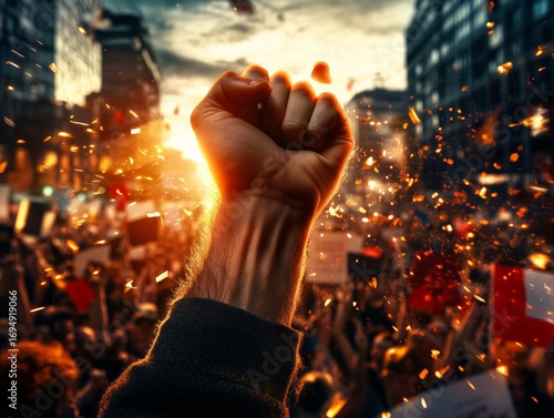 A raised fist glows against a crowd of protesters, symbolizing solidarity and resistance. The image captures activism, empowerment, and collective strength.