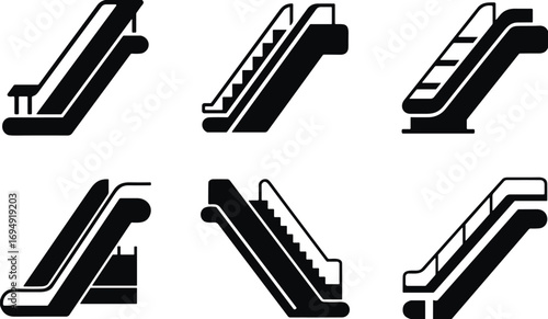 Escalator icons set, vector escalators, black and white escalator symbols, modern escalator design, stair lift icons, elevator concept, silhouette