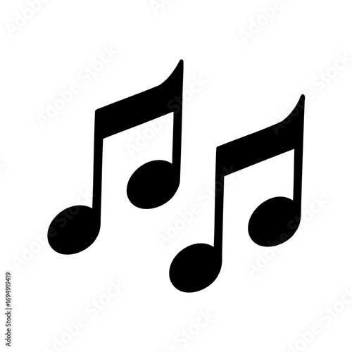 Two eighth music notes, black silhouettes isolated on white background design