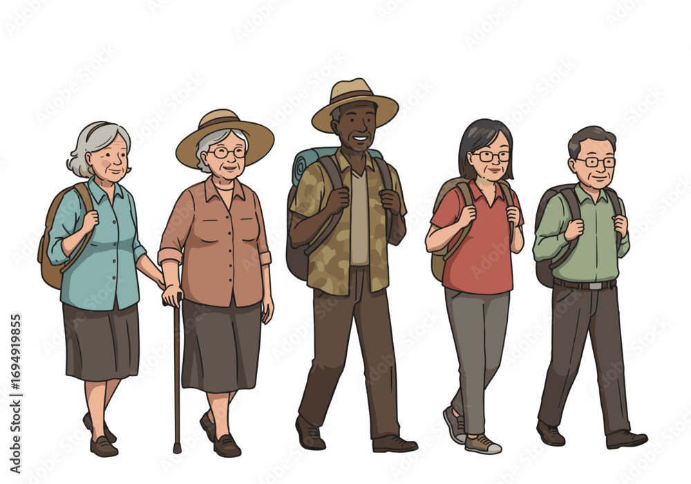 Fototapeta premium Active multi-ethnic group of elderly tourists on transparent background walking together. Illustration of friendship and adventure in middle age 