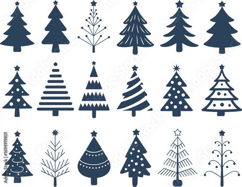 Set of 18 unique Christmas tree silhouettes, holiday decorations, winter festive icons, seasonal design elements, vector illustration for holiday projects