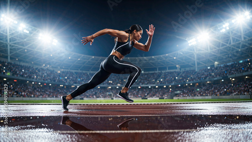 Female Sprinter Running in a Professional Stadium at Night