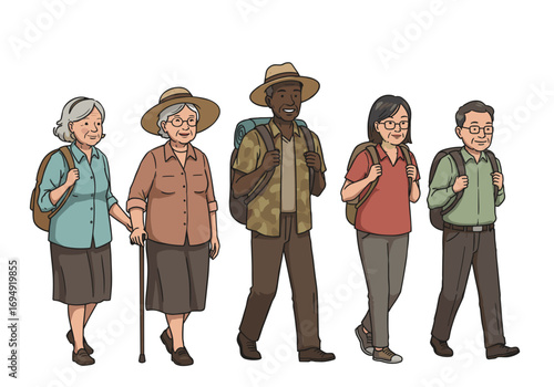 Active multi-ethnic group of elderly tourists on transparent background walking together. Illustration of friendship and adventure in middle age  