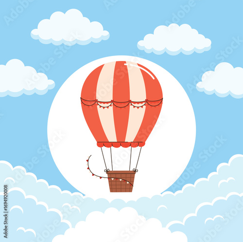 Red hot air balloon flying in clouds. Flat vector illustration.