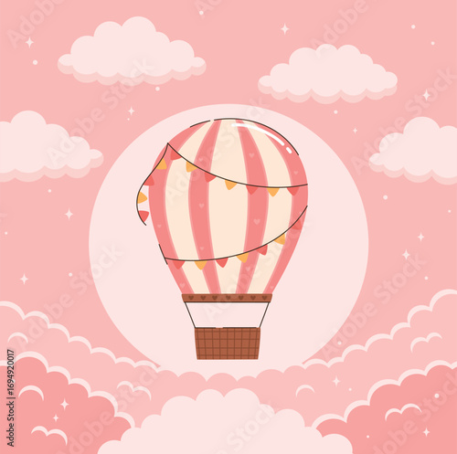 Pink hot air balloon flying in pink clouds. Flat vector illustration.