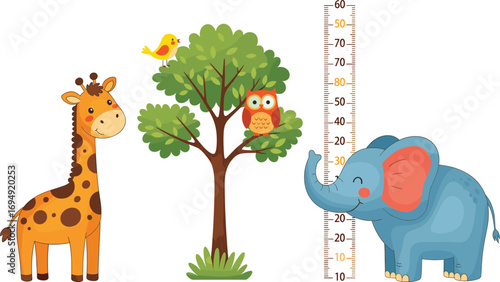 Colorful jungle animals height chart with giraffe, elephant, tree, birds, playful design for kids room, nursery wall decor