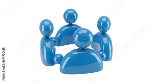 The image displays four stylized blue human figures arranged in a circle, symbolizing collaboration, teamwork, and unity