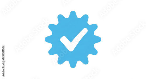 Blue Badge with Gear-Like Edges and White Checkmark Symbolizing Approval or Verified Status