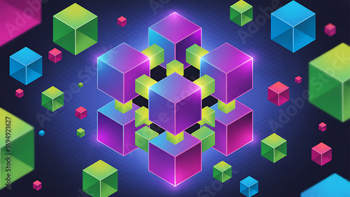 Vibrant isometric cubes network structure with glowing neon effects digital art