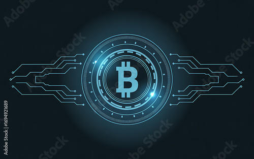 Glowing bitcoin cryptocurrency hologram with digital network connections futuristic technology