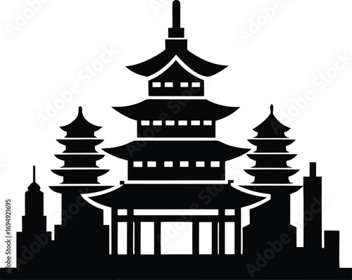 East Asian Architectural Silhouette A Captivating Blend of Pagodas and Cityscape Symbolizing Cultural Richness and Urban Dynamism With Harmonious Visual Appeal