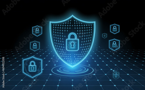 Futuristic digital shield hologram protecting data network against cyber threats