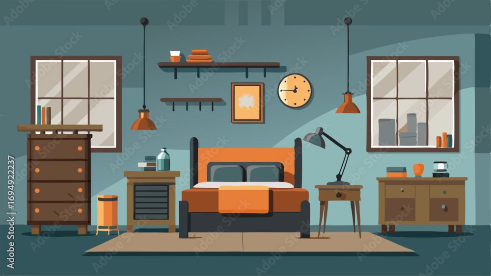 Fototapeta premium An industrialstyle bedroom with a mix of vintage metal and modern wood furniture.