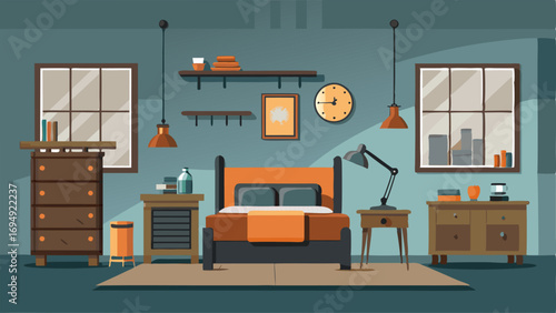 An industrialstyle bedroom with a mix of vintage metal and modern wood furniture.